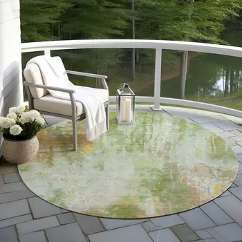 8' Sage Wheat And Ivory Round Abstract Washable Indoor Outdoor Area Rug