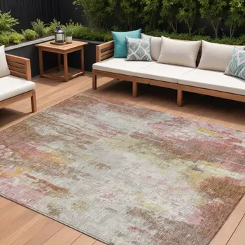 8' X 10' Tan Mauve And Ivory Abstract Washable Indoor Outdoor Area Rug