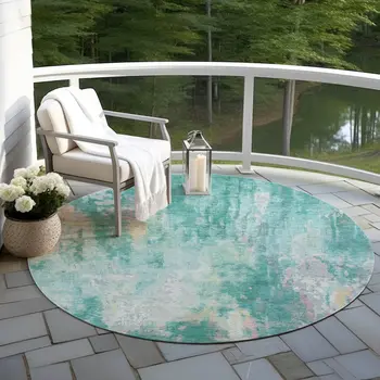 8' Teal Blue Peach And Ivory Round Abstract Washable Indoor Outdoor Area Rug