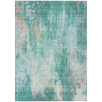 9' X 12' Teal Blue Peach And Ivory Abstract Washable Indoor Outdoor Area Rug