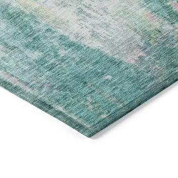 9' X 12' Teal Blue Peach And Ivory Abstract Washable Indoor Outdoor Area Rug