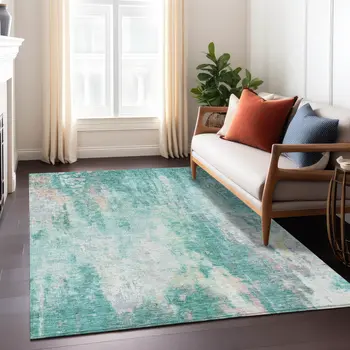 9' X 12' Teal Blue Peach And Ivory Abstract Washable Indoor Outdoor Area Rug