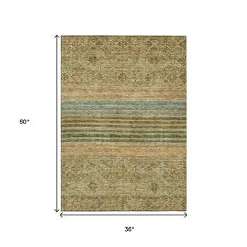 3' X 5' Artichoke Green Copper And Beige Medallion Washable Indoor Outdoor Area Rug