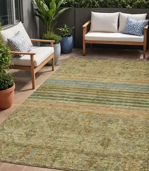 5' X 8' Artichoke Green Copper And Beige Medallion Washable Indoor Outdoor Area Rug