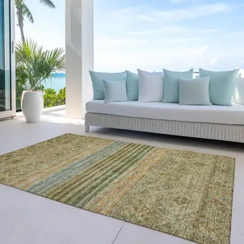 5' X 8' Artichoke Green Copper And Beige Medallion Washable Indoor Outdoor Area Rug