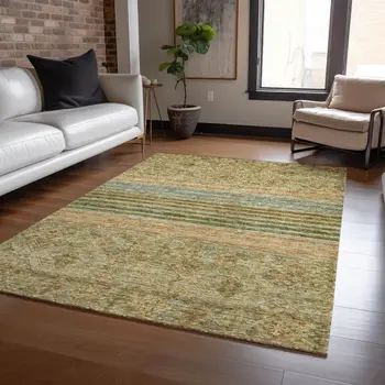 5' X 8' Artichoke Green Copper And Beige Medallion Washable Indoor Outdoor Area Rug