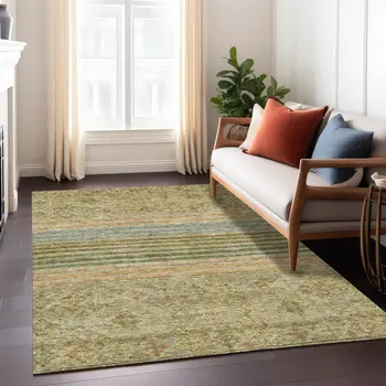 5' X 8' Artichoke Green Copper And Beige Medallion Washable Indoor Outdoor Area Rug