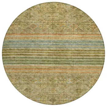 8' Artichoke Green Copper And Beige Round Medallion Washable Indoor Outdoor Area Rug