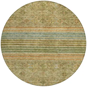 8' Artichoke Green Copper And Beige Round Medallion Washable Indoor Outdoor Area Rug