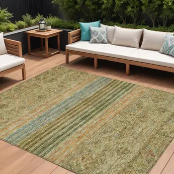 9' X 12' Artichoke Green Copper And Beige Medallion Washable Indoor Outdoor Area Rug