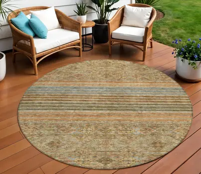 8' Copper Brown And Beige Round Medallion Washable Indoor Outdoor Area Rug