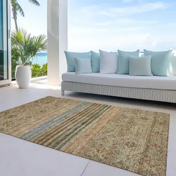 9' X 12' Copper Brown And Beige Medallion Washable Indoor Outdoor Area Rug