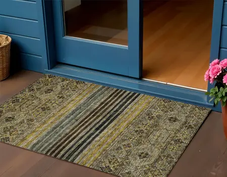3' X 5' Gray Gold And Brown Medallion Washable Indoor Outdoor Area Rug