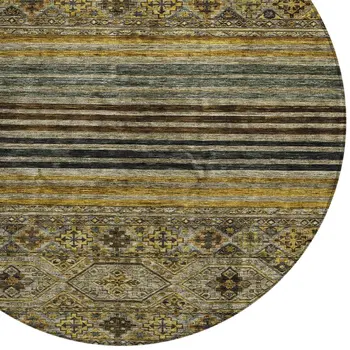 8' Gray Gold And Brown Round Medallion Washable Indoor Outdoor Area Rug