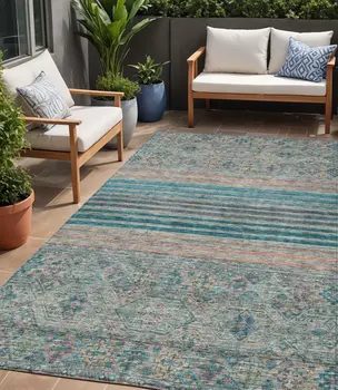 5' X 8' Teal Blue Salmon And Beige Medallion Washable Indoor Outdoor Area Rug
