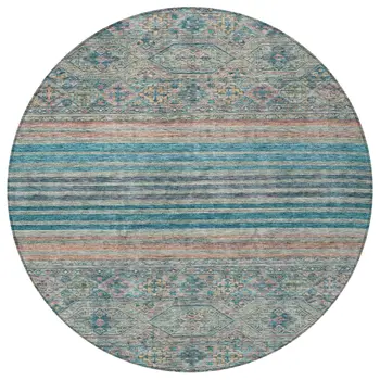 8' Teal Blue Salmon And Beige Round Medallion Washable Indoor Outdoor Area Rug