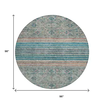 8' Teal Blue Salmon And Beige Round Medallion Washable Indoor Outdoor Area Rug