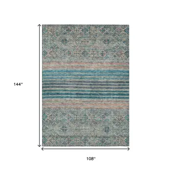 9' X 12' Teal Blue Salmon And Beige Medallion Washable Indoor Outdoor Area Rug