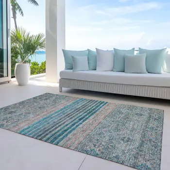 9' X 12' Teal Blue Salmon And Beige Medallion Washable Indoor Outdoor Area Rug