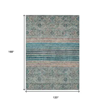 10' X 14' Teal Blue Salmon And Beige Medallion Washable Indoor Outdoor Area Rug