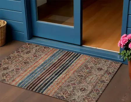 3' X 5' Taupe Brown And Blue Medallion Washable Indoor Outdoor Area Rug