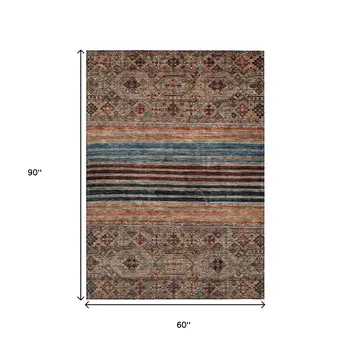 5' X 8' Taupe Brown And Blue Medallion Washable Indoor Outdoor Area Rug