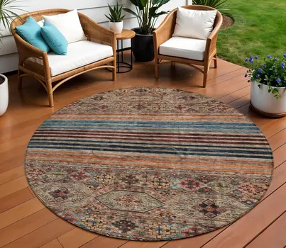 8' Taupe Brown And Blue Round Medallion Washable Indoor Outdoor Area Rug