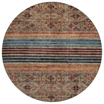 8' Taupe Brown And Blue Round Medallion Washable Indoor Outdoor Area Rug