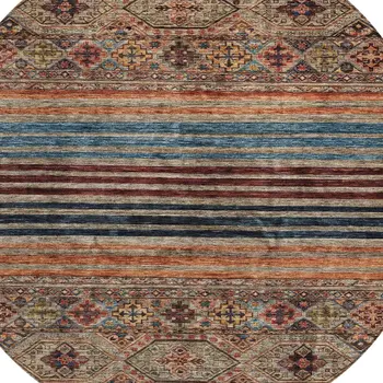 8' Taupe Brown And Blue Round Medallion Washable Indoor Outdoor Area Rug