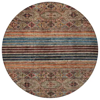 8' Taupe Brown And Blue Round Medallion Washable Indoor Outdoor Area Rug