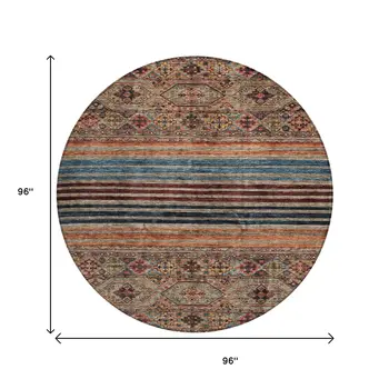 8' Taupe Brown And Blue Round Medallion Washable Indoor Outdoor Area Rug
