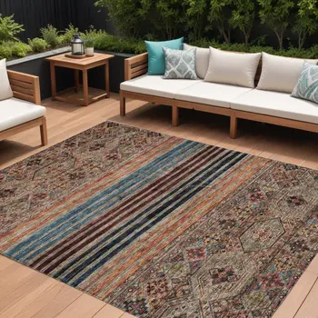 8' X 10' Taupe Brown And Blue Medallion Washable Indoor Outdoor Area Rug