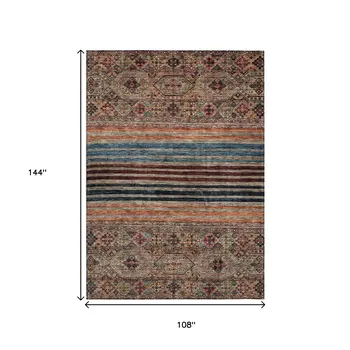 9' X 12' Taupe Brown And Blue Medallion Washable Indoor Outdoor Area Rug