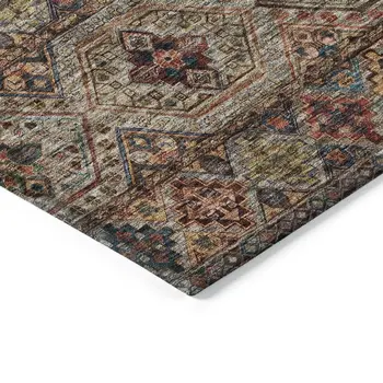 9' X 12' Taupe Brown And Blue Medallion Washable Indoor Outdoor Area Rug