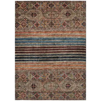 9' X 12' Taupe Brown And Blue Medallion Washable Indoor Outdoor Area Rug
