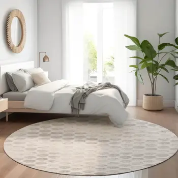 8' Taupe And Beige Round Polka Dot Washable Indoor Outdoor Area Rug
