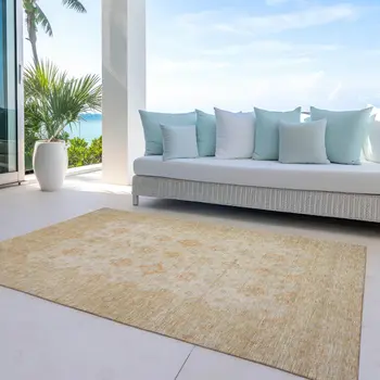 3' X 5' Beige And Rust Floral Medallion Washable Indoor Outdoor Area Rug