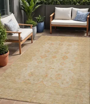 5' X 8' Beige And Rust Floral Medallion Washable Indoor Outdoor Area Rug