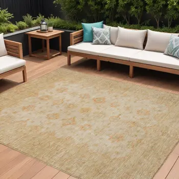 9' X 12' Beige And Rust Floral Medallion Washable Indoor Outdoor Area Rug