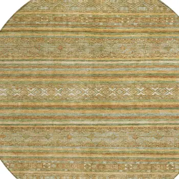 8' Artichoke Green Gold And Beige Round Southwestern Washable Indoor Outdoor Area Rug