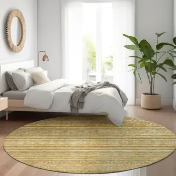8' Artichoke Green Gold And Beige Round Southwestern Washable Indoor Outdoor Area Rug