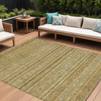 8' X 10' Artichoke Green Gold And Beige Southwestern Washable Indoor Outdoor Area Rug