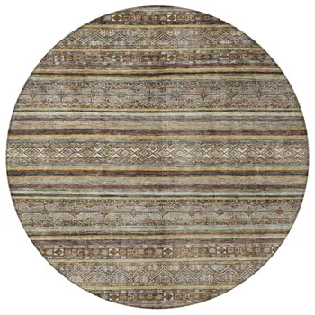 8' Brown Denim Blue And Beige Round Southwestern Washable Indoor Outdoor Area Rug