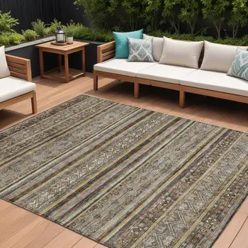 8' X 10' Brown Denim Blue And Beige Southwestern Washable Indoor Outdoor Area Rug