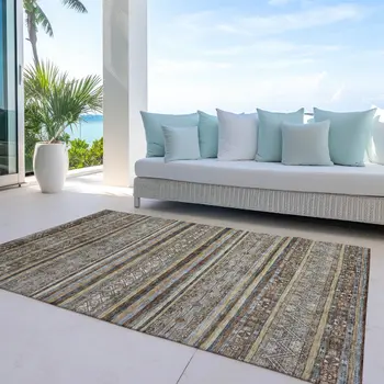 9' X 12' Brown Denim Blue And Beige Southwestern Washable Indoor Outdoor Area Rug