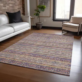 5' X 8' Blue Copper And Beige Southwestern Washable Indoor Outdoor Area Rug