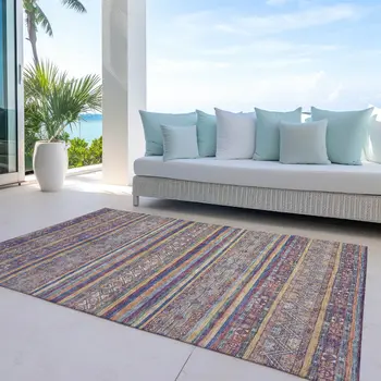 10' X 14' Blue Copper And Beige Southwestern Washable Indoor Outdoor Area Rug