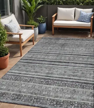 5' X 8' Gray Silver And Charcoal Southwestern Washable Indoor Outdoor Area Rug