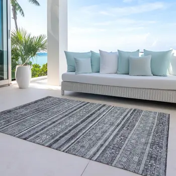 5' X 8' Gray Silver And Charcoal Southwestern Washable Indoor Outdoor Area Rug