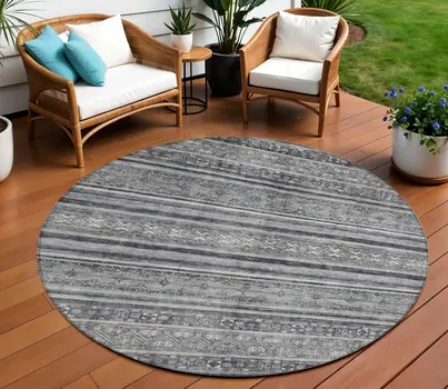 8' Gray Silver And Charcoal Round Southwestern Washable Indoor Outdoor Area Rug